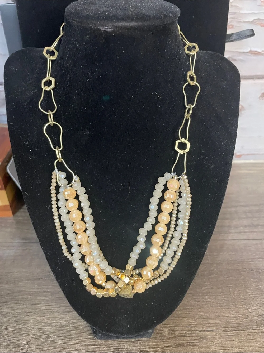 Multi-Strand Gold and Cream Beaded Necklace